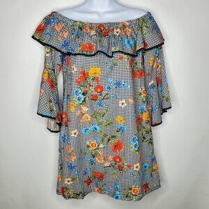 Zara Womens Floral Gingham Off The Shoulder Ruffle Mini Dress Size S Bell Sleeve